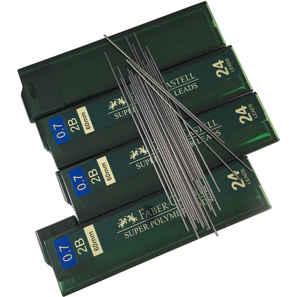Faber-Castell Minas para Portaminas de Polímero Súper Premium Fuertes Oscuras Suaves de 0.7mm 2B para Todos los Portaminas de 0.7 mm (4 Tubos, 24 Minas por Tubo - Total 96 minas)