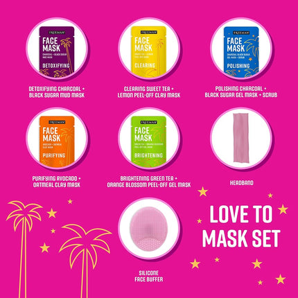 Freeman Facial Love To Mask Lot découverte : Masque à l'argile absorbant l'huile, Charbon détoxifiant, Masque Peel Off purifiant, Masque-crème gel hydratant, Gommage exfoliant (Kit de 14 pièces avec accessoire tampon et bandeau bonus)