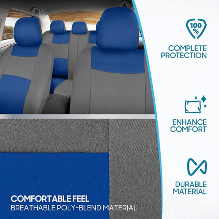 BDK PolyPro Car Seat Covers Full Set in Blue & Gray – Front and Rear Split Bench Seat Covers for Cars, Easy to Install Car Seat Cover Set, Car Accessories for Auto Trucks Van SUV