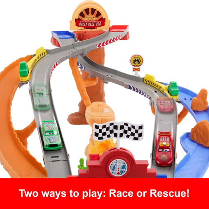Mattel Disney and Pixar Cars Toy Playset, Lightning McQueen & Chicks Hicks & 2 Pitty Crew Vehicles, 2 Ways to Race, Race & Rescue Rescue Road Raceway, JFL57