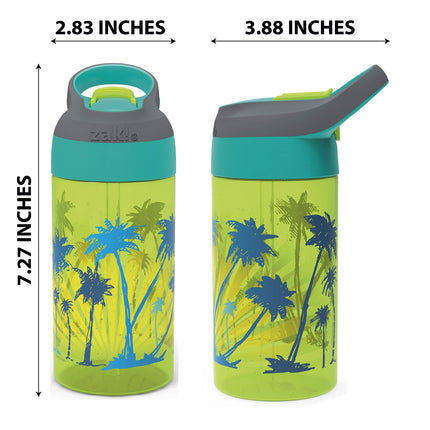 Zak Designs Botella de agua para niños de 473 ml con diseño de tablas de surf y palmeras de Riverside Beach Life, con pajita y asa de transporte integrada, de plástico duradero, diseño a prueba de fugas para viajes, 2 unidades (paquete de 1)