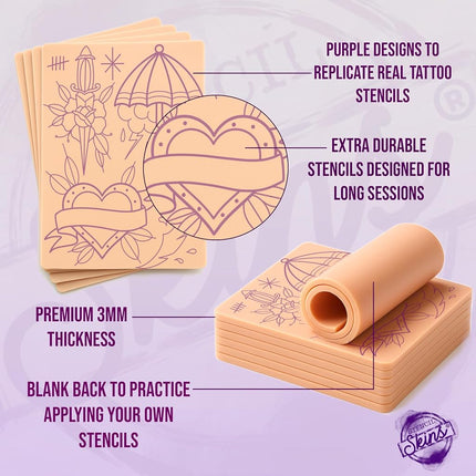 Stencil Skin 5 Pre Printed Tattoo Practice Skins Free Tutorial 3mm Fake Skins for Tattooing Traditional Set of 5, Extra Soft Skin