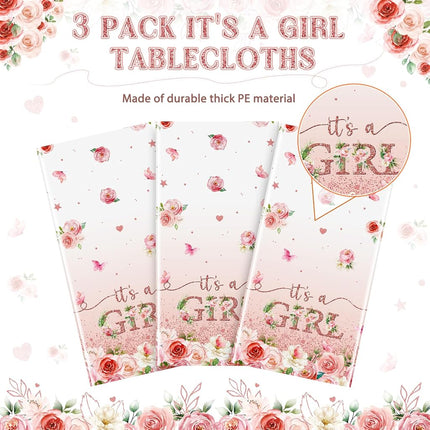 3 Pack Floral Baby Shower Tablecloth Decorations, It's a Girl Baby Shower Decorations, Pink Flower Gender Reveal Decorations for Girl, Plastic Disposable Baby Girls Table Cloth Party Decorations