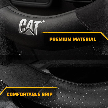 Funda para Volante Cat® - Ante/Piel Sintética Negro/Gris con Logotipo Cromado - Cómoda y Elegante