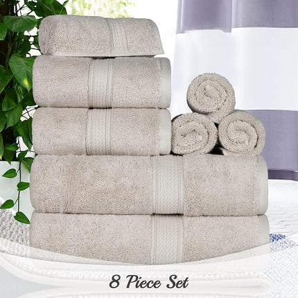 Juego de 8 toallas de algodón egipcio de pelo superior, incluye 2 de baño, 2 de mano, 4 toallas faciales/paños, toallas de lujo ultrasuaves, esenciales de felpa gruesa, para baño de visitas, spa, hotel, color Piedra