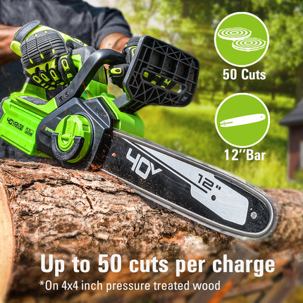 Motosierra compacta inalámbrica Greenworks 40V de 12" (ideal para limpieza tras tormentas, poda y camping), batería de 2.0Ah y cargador incluidos