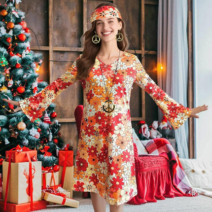 MRYUWB 70s Hippie Dress Costumes Necklace Earrings Sunglass Women Disco Outfit, 60s Party Costume, Halloween Retro Dresses, Flower Power Orange, XX-Large
