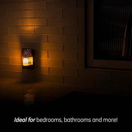 GE LED CandleLite Night Light, Plug-in, Dusk-to-Dawn Sensor, Auto On/Off, Flickers Like a Real Candle, Warm Amber Light, Energy Efficient, Guide Light, Decorative, Oil-Rubbed Bronze Finish, 11258
