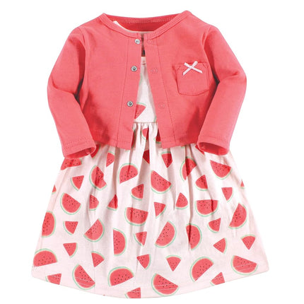 Hudson Baby Baby Girls' Cotton Dress and Cardigan Set, Coral Watermelon, 5T