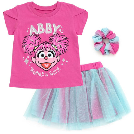 Sesame Street Elmo Abby Cadabby - Conjunto de 3 piezas de camiseta, falda de tul y coletero para bebés y niños pequeños, morado/azul, 3T