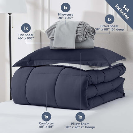 Nestl Twin XL Comforter Set 5 Piece - Reversible Twin XL Bedding Set Navy, College Dorm Room Essentials Bed in a Bag, Twin XL Comforter Set for College Girls and Boys with Sheets, Pillowcase and Sham