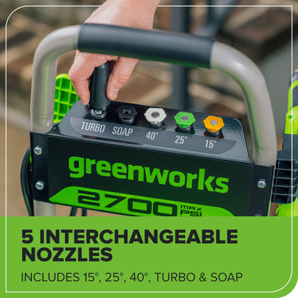 Hidrolavadora eléctrica Greenworks Pro sin escobillas 2700 PSI (certificación CSA) 2.3 GPM máx. / 1.2 GPM (mangos plegables, estructura de acero resistente, manguera de 25 pies, cable de alimentación GFCI de 35 pies)