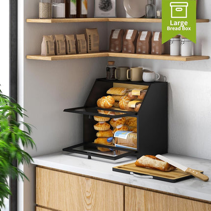 BMOSU Bread Box With Cutting Board - Kitchen Storage Organizer, Farmhouse Countertop Double Bamboo Wood Box (Black)