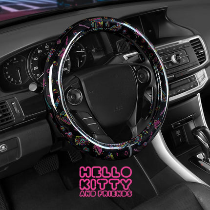 Housse de volant Hello Kitty, housse de volant de voiture officielle Sanrio de taille universelle 14,5-15, accessoires de voiture Hello Kitty noirs mignons pour femmes (Hello Kitty Kawaii Arcade)