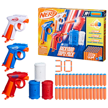 Nerf N Series Triple Pack de Patio, Incluye 3 Lanzadores Flexibles, 3 Objetivos, 30 Dardos N1, Edades 8+ (Exclusiva de Amazon)