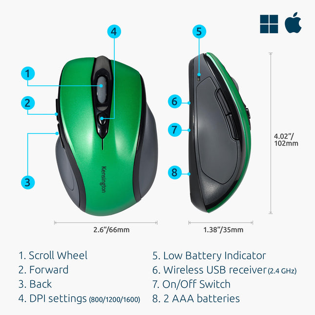 Kensington Pro Fit Wireless Mid-Size Mouse - Green