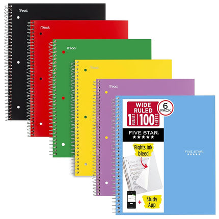 Five Star Spiral Notebooks, 1 Subject, Wide Ruled,