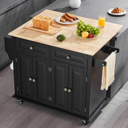 VEVOR Kitchen Island Cart, 43" Wood Top Mobile Carts with Storage Cabinet, Rolling Table with Drop Leaf, Spice Rack, Towel Bar, Adjustable Shelf, Drawer, and Hooks, Portable Islands on Wheels, Black