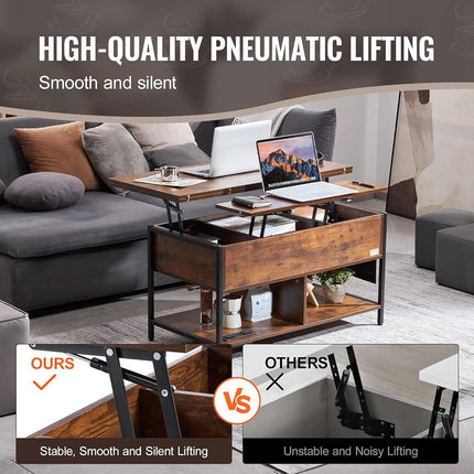 VEVOR Lift Top Coffee Table, 39.4 in Rectangle Coffee Table with Extra Storage Pockets, Flipable Coffee Table with Power Strip & USB & Ambient Lighting for Living Room, Brown