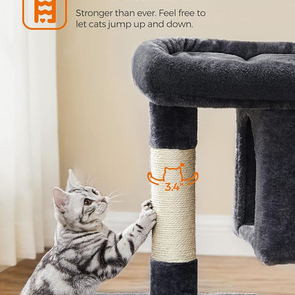 Feandrea Cat Tree Tower, 84 cm, L, Condo for Large Cats up to 16 lb, Large Perch, 2 Caves, Scratching Post, Smoky Gray UPCT61G