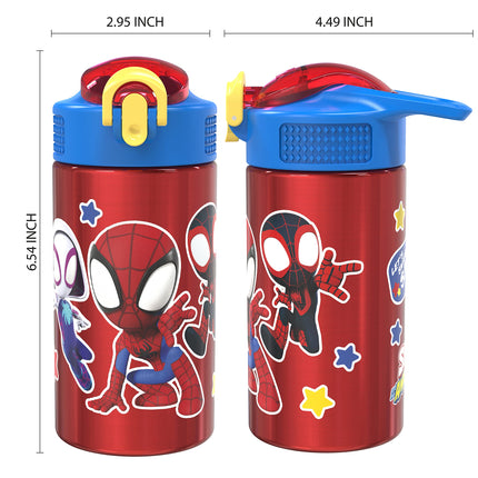 Zak Designs Marvel Spider-Man Botella de agua de acero inoxidable 18/8 de una sola pared para niños, tapa con boquilla abatible con cierre, vaso duradero para deportes o viajes (458 ml, sin BPA, Spidey y sus sorprendentes amigos)