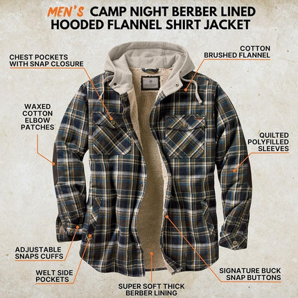 Legendary Whitetails Men's Camp Night Berber Lined Hooded Flannel Shirt Jacket, Upland Plaid, 3XL Big