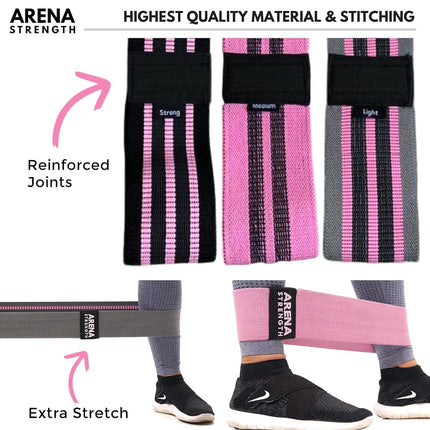 Arena Strength Fabric Booty Bands: Fabric Resistance Bands for Legs and Butt: 3 Pack Set. Perfect Workout Hip Band Resistance. Workout Program and Carry Case Included…