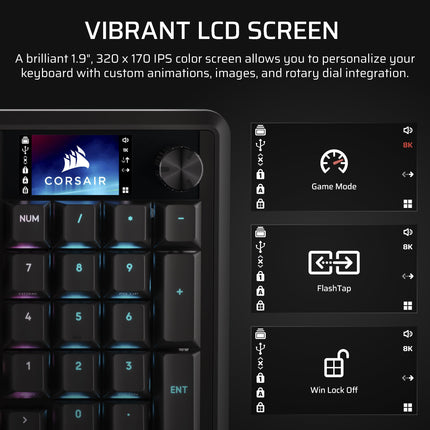 Teclado mecánico para juegos con cable Corsair Vanguard 96 – Distribución del 96 %, interruptores táctiles MLX Fusion, tasa de sondeo de 8000 Hz, pantalla LCD, Virtual Stream Deck, teclas G, Flashtap SOCD, QWERTY EE. UU. – Negro