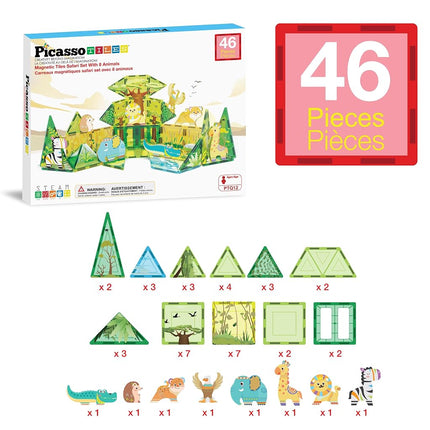 PicassoTiles 46pc Magnet Tile Building Block Safari Themed Set with 8 Compatible Magnetized Animal Action Figures Build Blocks Toddler Creativity Toys STEAM Educational Learning Skills Ages 3+ PTQ12