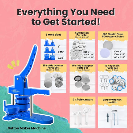 Badge Maker Machine 25+32+58mm (1+1.25+2.25 Inch) Button Maker - Multiple Size Moulds, 500 Badge Buttons, 15 Fridge Magnets, 15 Bottle Openers, 15 Keychains, Cutters, and 500+ Designs for DIY Crafts