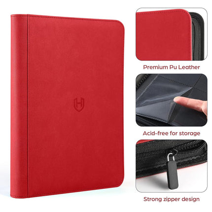 Card Binder 9 Pocket with Zipper, 648 Pockets Trading Card Holder Book, Premium PU Cover Zip Folder Binder, Side Loading Carrying Case Binder Album for TCG, MTG, Sports Cards, Game Cards (Red)