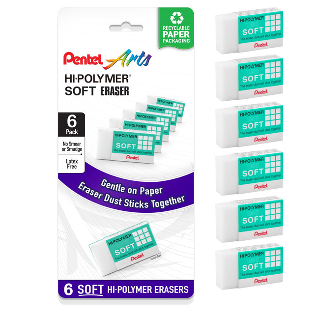 Pentel Hi-Polymer Soft Eraser, Pack of 6 (ZES08PF6