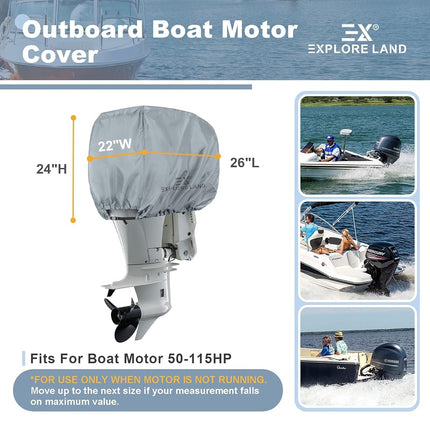 Explore Land Outboard Motor Cover - Waterproof and Fade Resistant 600D Heavy Duty Boat Engine Hood Covers - Fit for Motor 50-115 HP, Grey