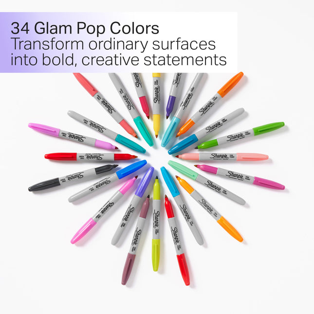 Marcadores permanentes Sharpie Glam Pop, juego de marcadores de punta fina, marcadores para colorear, marcadores artísticos, marcadores para dibujar, marcadores para escribir, regalos de Navidad, 34 unidades