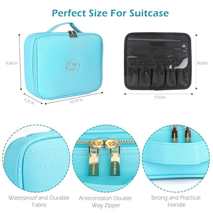 MOMIRA Travel Makeup Bag Cosmetic Bag Makeup Organizer Bag with Lighted Mirror, Adjustable Brightness in 3 Color Scenarios, Waterproof Makeup Train Case - Diamond Blue