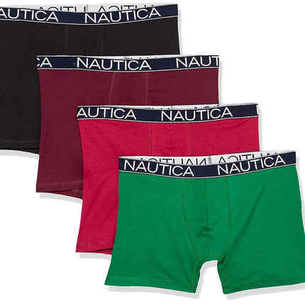 Nautica Men's Cotton Stretch 4 Pack Boxer Briefs, Black/Tawny Port Red/Green, M
