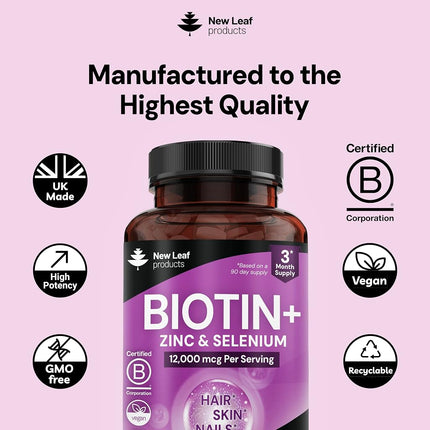 Biotin Vitamins for Hair Skin and Nails Maximum Strength Biotin Tablets 12000mcg Enriched with Coconut Oil 3 Months