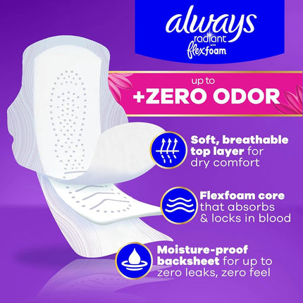 Always Radiant Feminine Pads for Women, Size 4 (Pack of 3), Overnight Absorbency, with Wings, Scented, 20 Count, (Packaging May Vary)