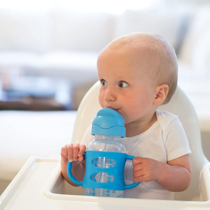 Dr. Brown's Milestones Wide-Neck Sippy Straw Bottle with 100% Silicone Handles and Weighted Straw, 9 oz/270 mL, Gray & Blue, 6m+, 2 Pack