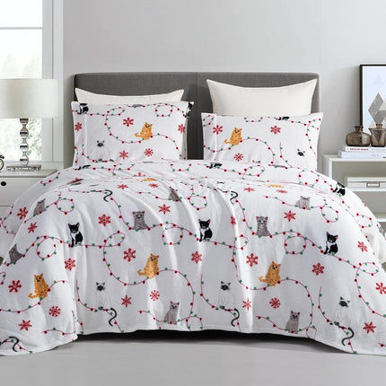 Elegant Comfort Luxuriously Soft 4-Piece Holiday Velvet Plush Flannel Sheet Set - Premium Quality - Cozy Warm, Christmas Fuzzy Velvet Flannel Fleece Deep Pocket Sheet Set - Twin XL, Jingle Cats
