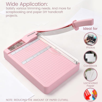 Paper Trimmer, 12" Cutting Length Heavy Duty Paper Cutter with Safety Protection and Blade Lock, Paper Cutter 12 Sheets, Cardstock/Laminate (Pink)