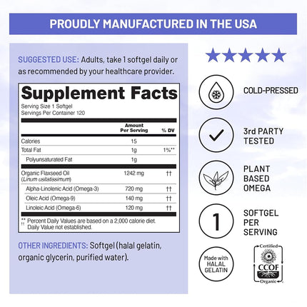 NatureWise Organic Flaxseed Oil Max 720mg ALA | Highest Potency Flax Oil Omega 3 for Cardiovascular, Brain, Immune Support & Healthy Hair, Skin, & Nails | Gluten Free Non-GMO [4 Month - 120 Softgels]