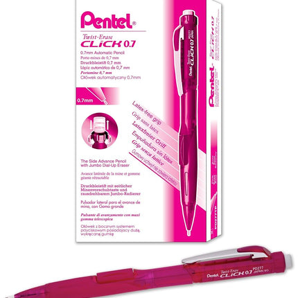 Pentel Twist-Erase CLICK Mechanical Pencil (0.7mm) Transparent Pink Barrel, Box of 12 (PD277TP)