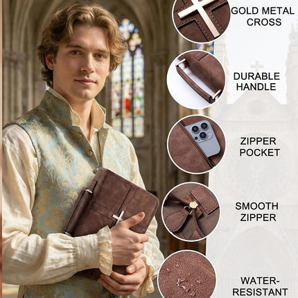Vegan Leather Bible Cover for Men & Women, Bible Case with Gift Box, Christian Catholic Religious Bible Gifts（Brown