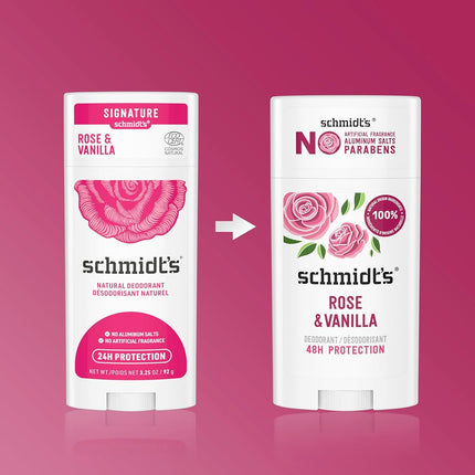 SCHMIDT'S Natural Deodorant Stick 75g, Rose & Vanilla, 24 Hour Protection, Vegan & Cruelty Free