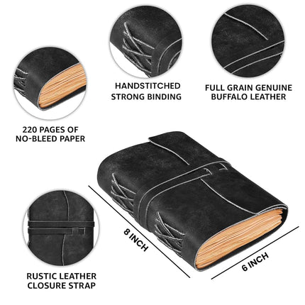 LEATHER VILLAGE Leather Bound Journal - Black, 8"X6", 220 Pages