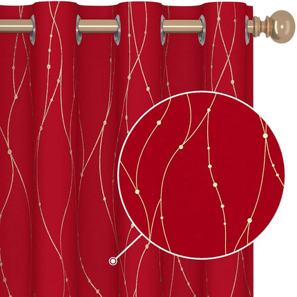Deconovo Red Curtains 45 Inch Length - Light Blocking Blackout Drapes for Small Window, Grommet Top (52W x 45L Inch, Red, 2 Panels) Gold Wave Line and Dots Printed