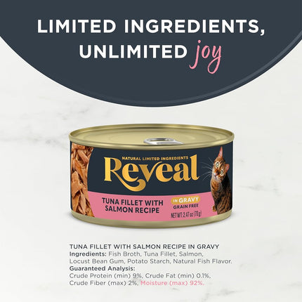 Reveal - Grain Free | Wet Canned Cat Food | 70g - 24 Pack - Premium Nutrition, 100% Natural, No Additives, and Limited Ingredients (Tuna with Salmon in Gravy)