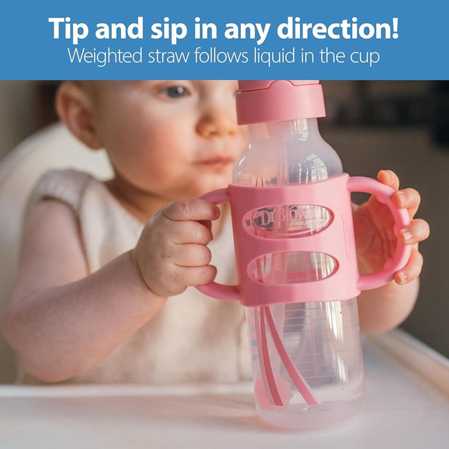 Dr. Brown's Sippy Straw Bottle with Silicone Handles, Gray & Pink, 8 Oz (Pack of 2)
