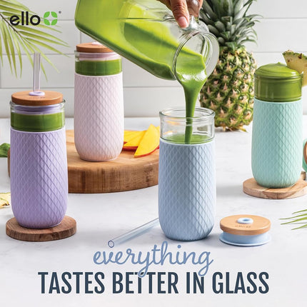 Gobelet en verre Ello Devon avec manchon protecteur en silicone anti-transpiration et couvercle en bois étanche avec paille, 532 ml